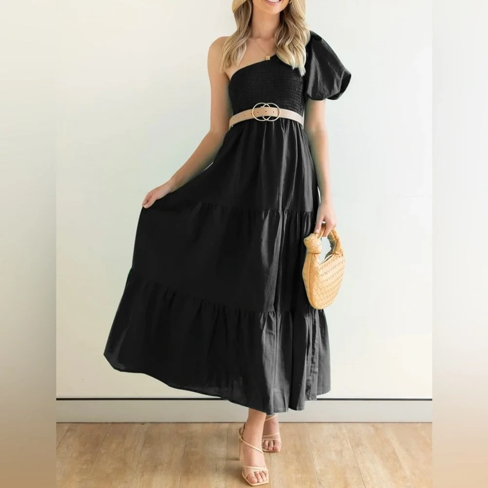 NWT One Shoulder Puff Sleeve Smocked Boho Midi Dress Size Large - Picture 2 of 6